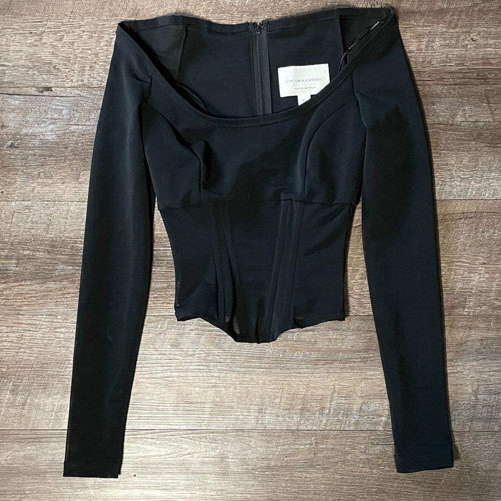 Viktoria & Woods Black Mesh Corset Off-Shoulder Long Sleeve Top Revolve